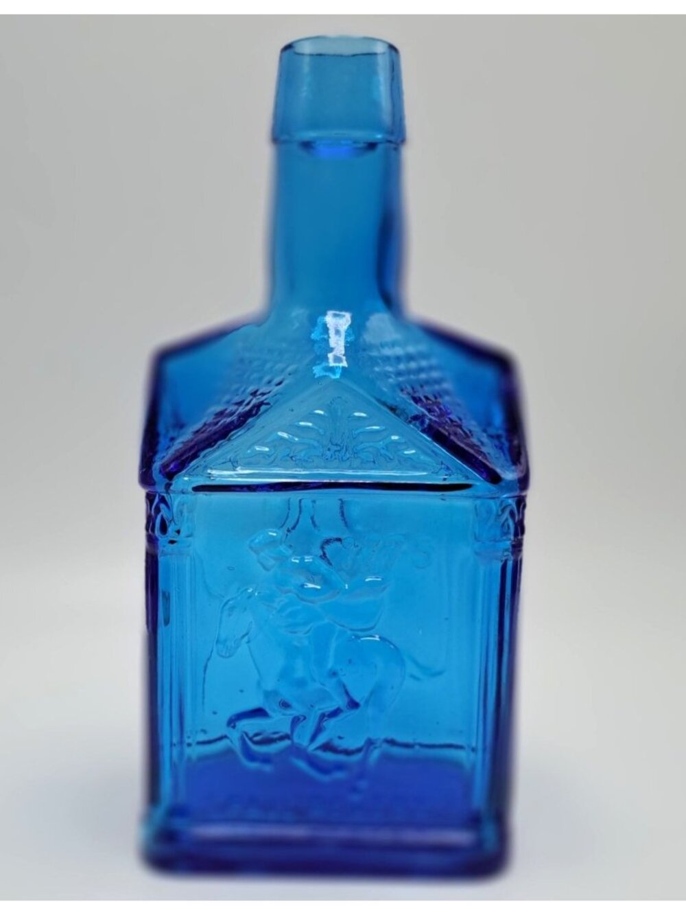 Wheaton N.J. Blue Glass Bottle Embossed Paul Revere 1775 Design Vintage